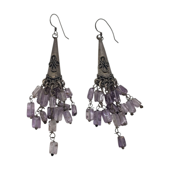 Vintage Silver Amethyst Earrings Chandelier Long Dangle Ethnic Tribal Movement - Picture 4 of 10